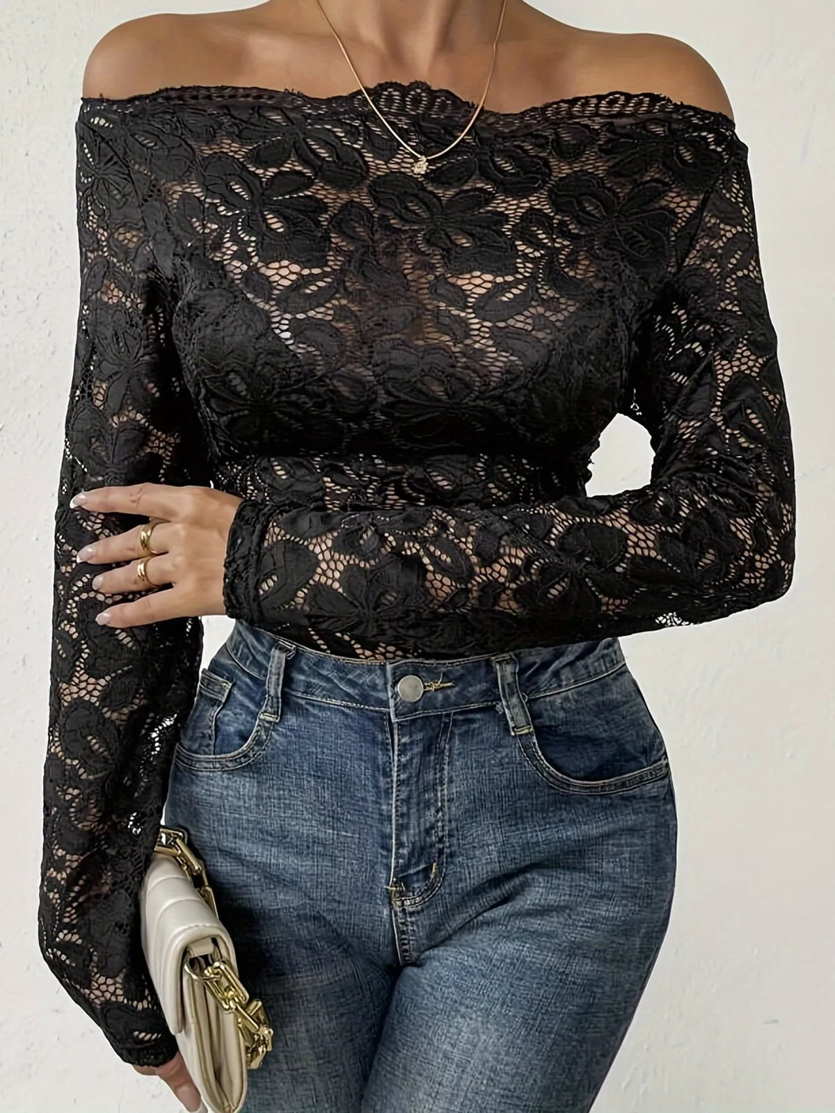 Lace Long Sleeve Slim-Fit T-Shirt — front view