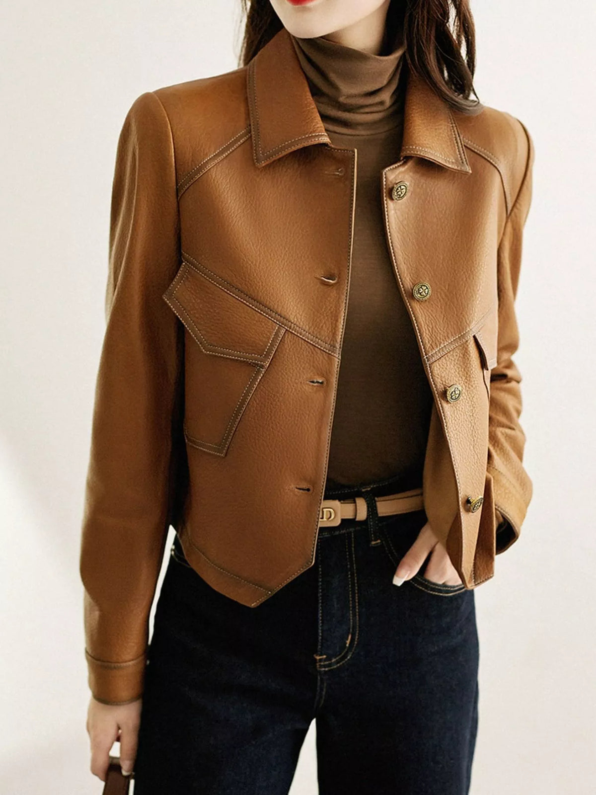 Collared long sleeve jacket, front view on model