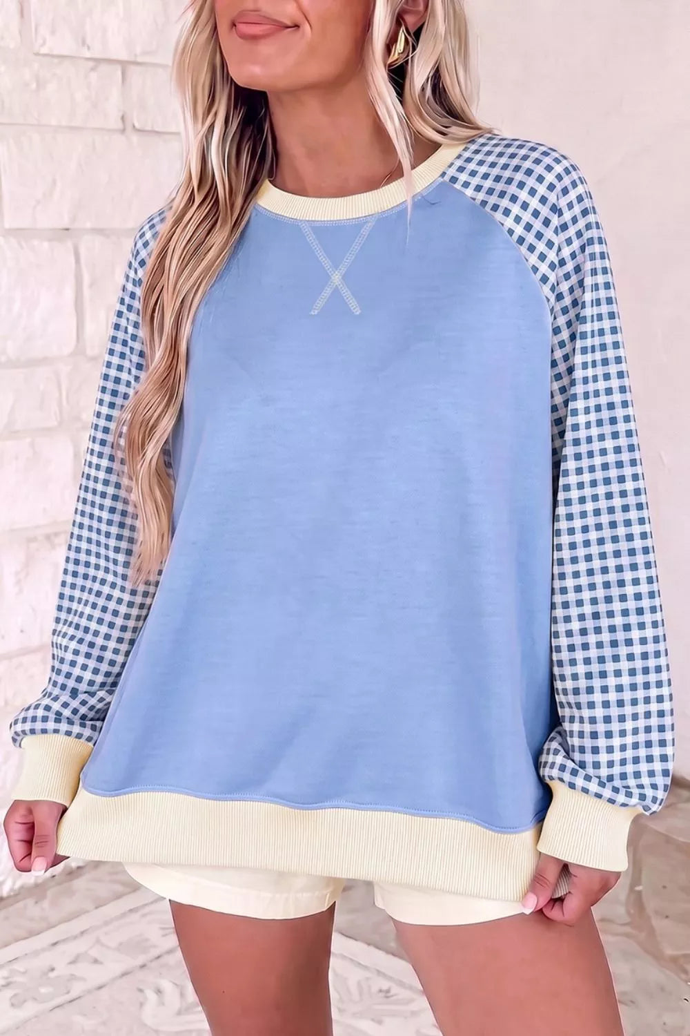 Trendsi Plaid Raglan Sleeve Round Neck Sweatshirt -