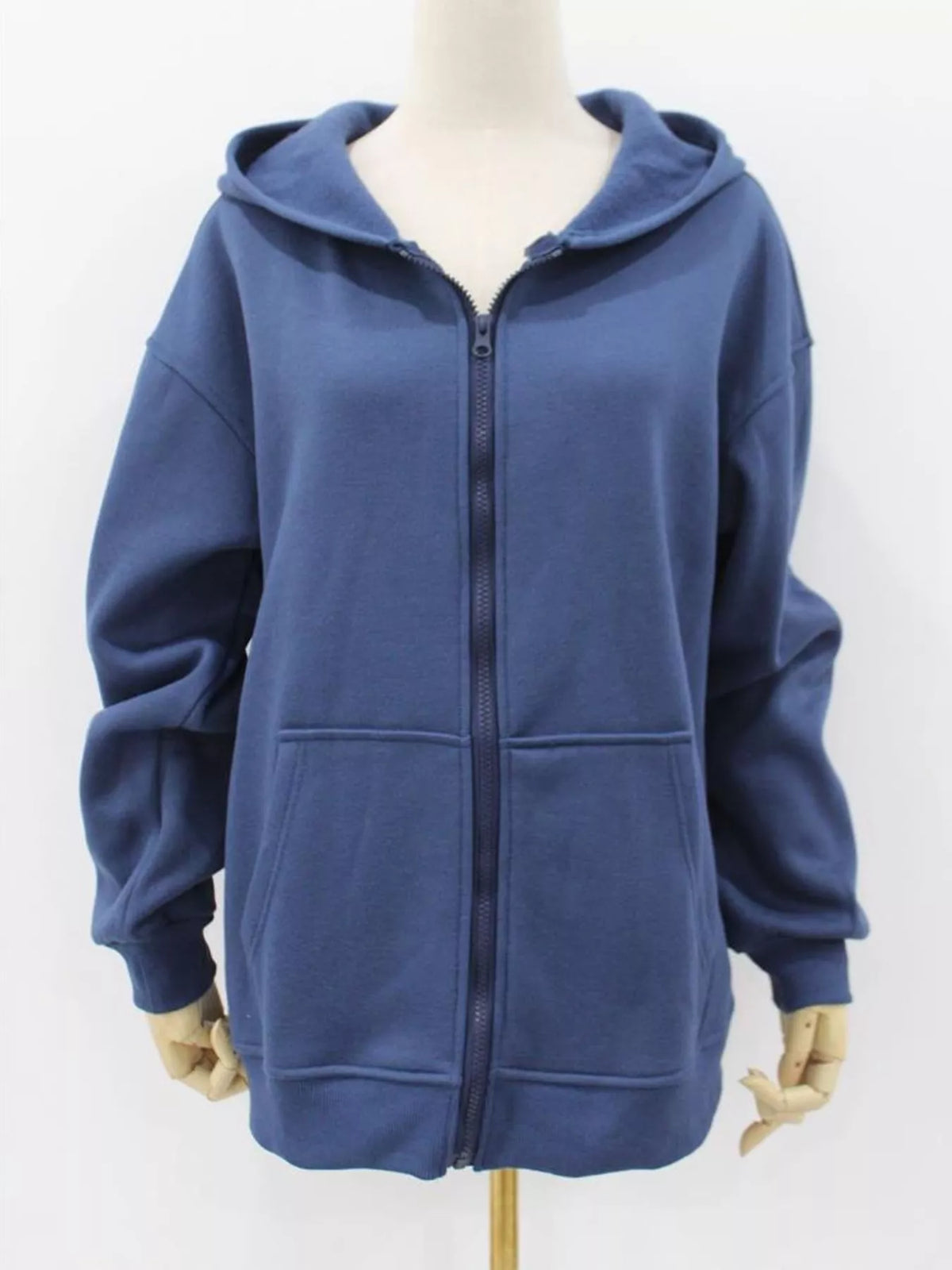 Women's Zip-Up Dropped Shoulder Hoodie in blue — mannequin front view