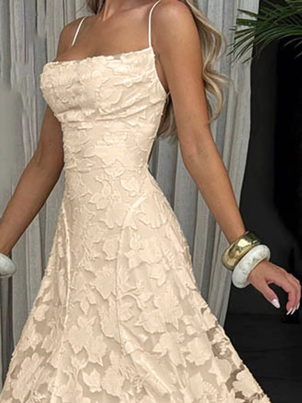 Cream backless lace maxi dress, side view