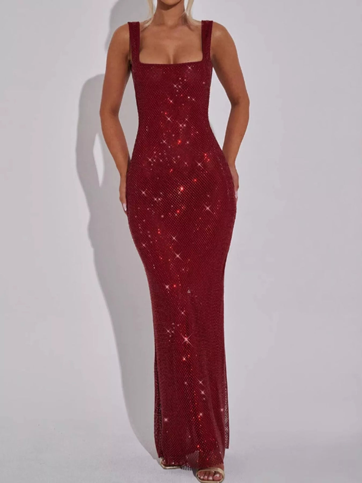 Square neck sleeveless maxi dress, front view on model