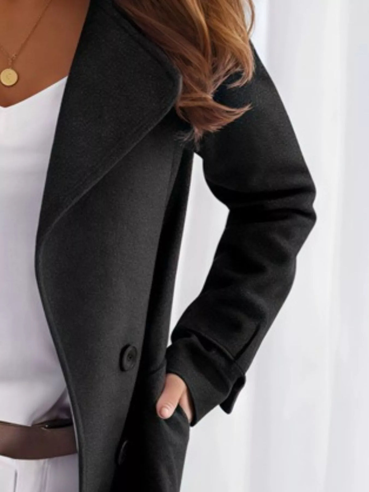 Black Double-Breasted Long Trench Coat, lapel detail