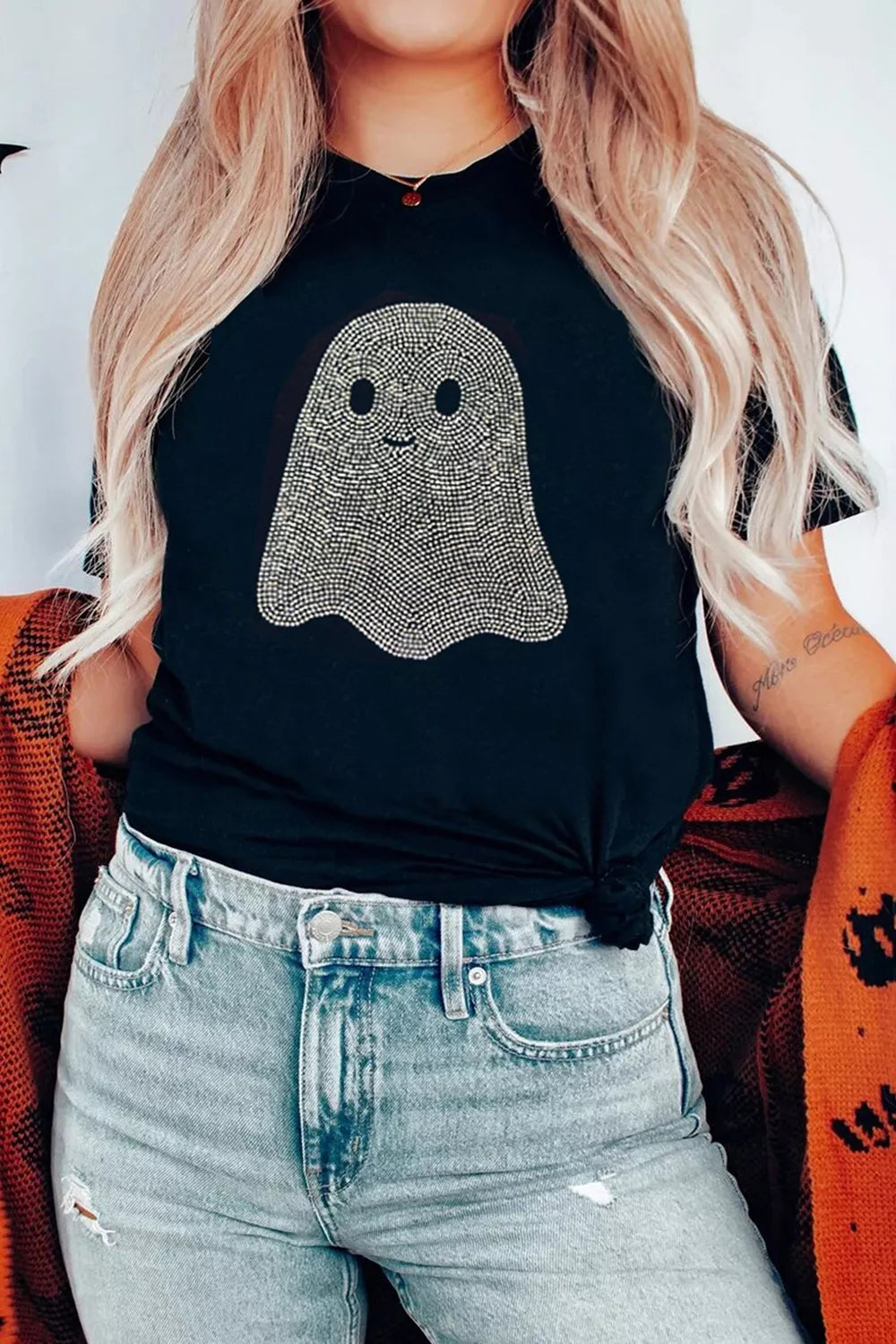Rhinestone Ghost Round Neck T-Shirt in black, ghost graphic detail