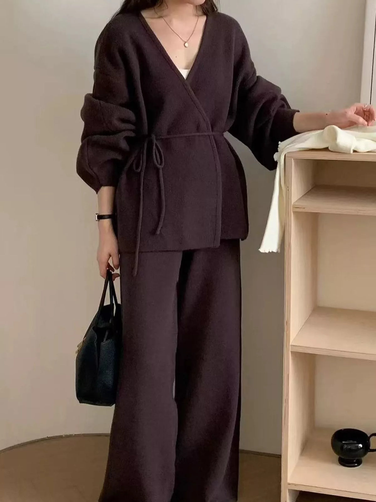 V-Neck Wrap Cardigan and Wide-Leg Pants Sweater Set in brown