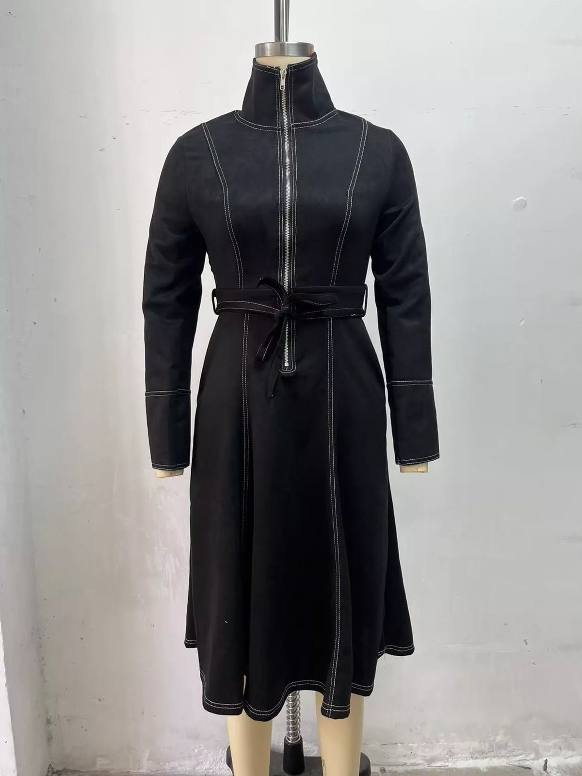 Black zipper front midi dress, front view