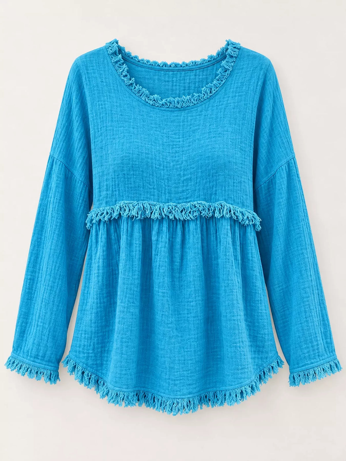Turquoise frayed hem textured blouse, front view