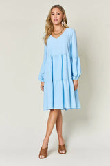 Trendsi Double Take Full Size V-Neck Balloon Sleeve Tiered Dress with Pockets -