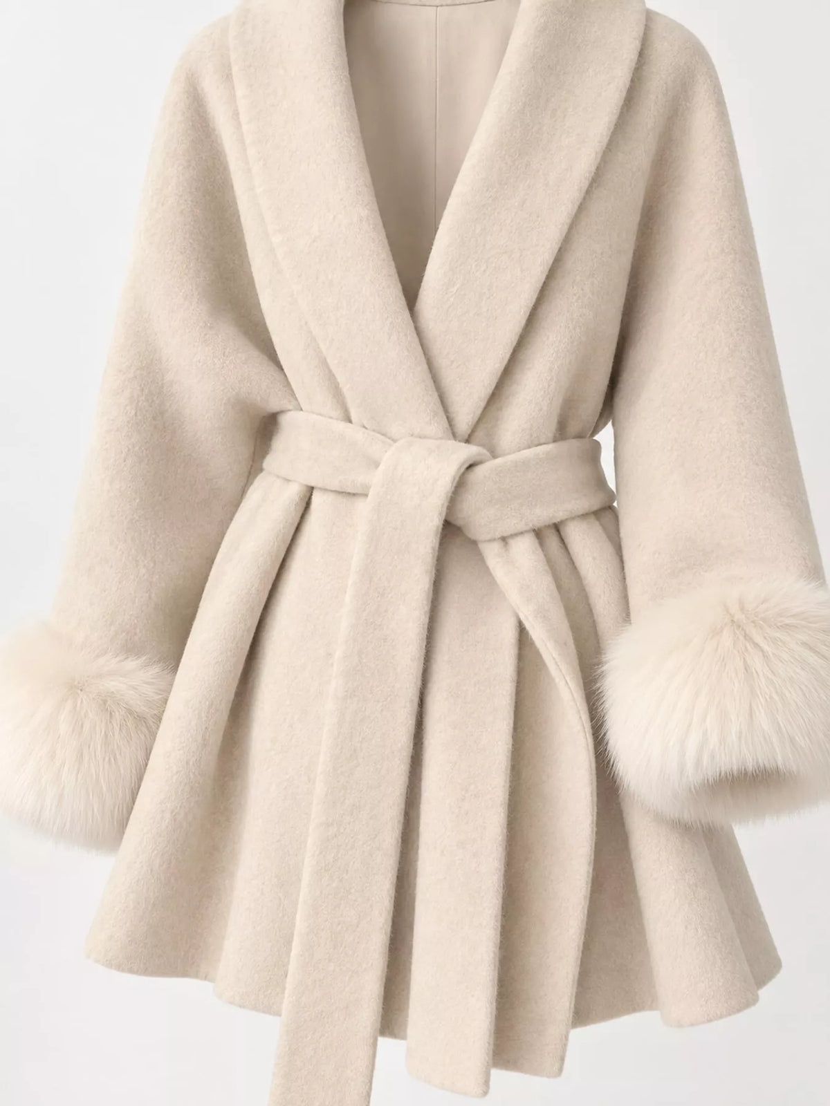Cream tie-waist coat with faux fur cuffs — design and construction details