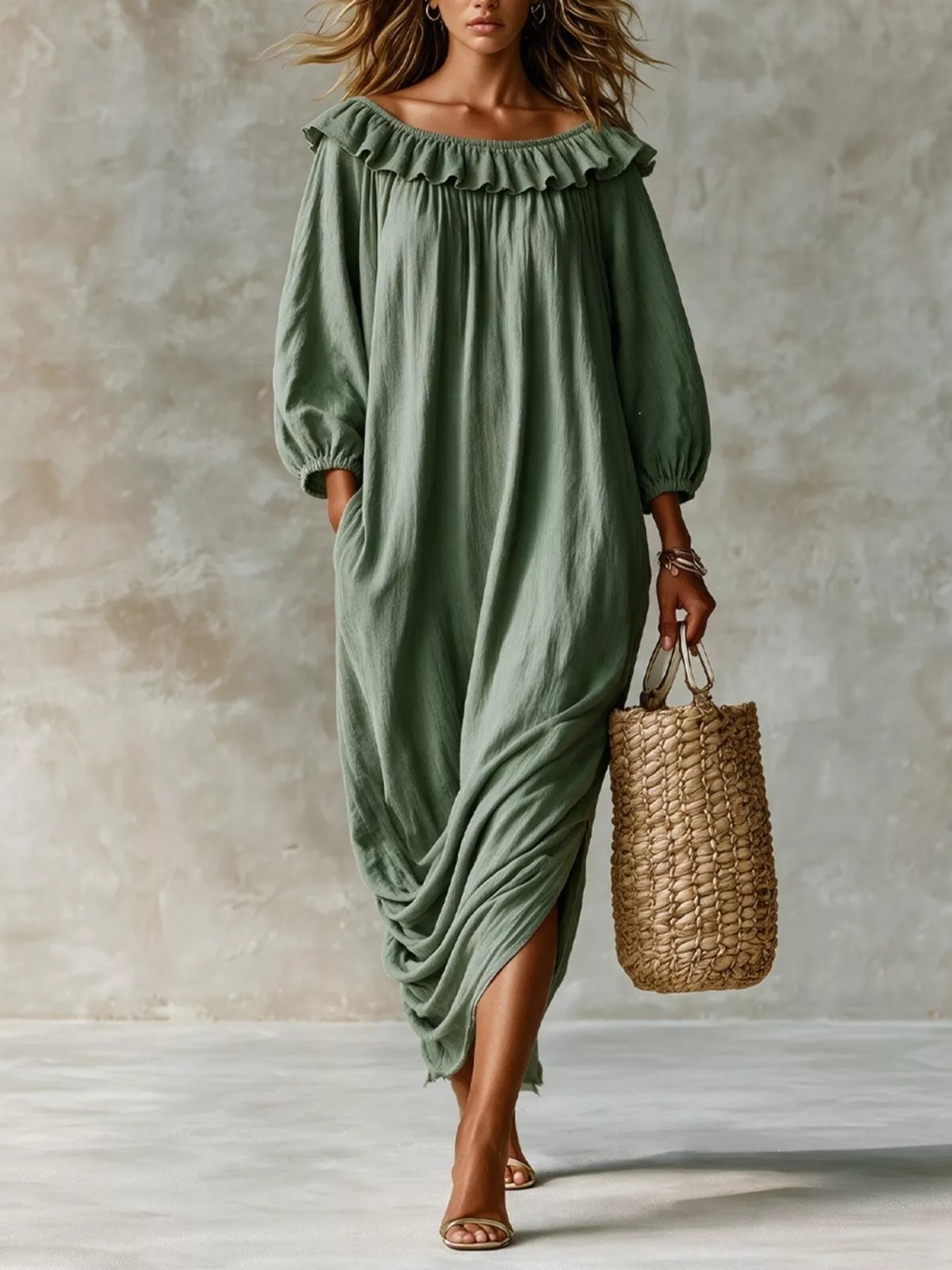 Trendsi Ruffled Boat Neck Ruched Midi Dress -