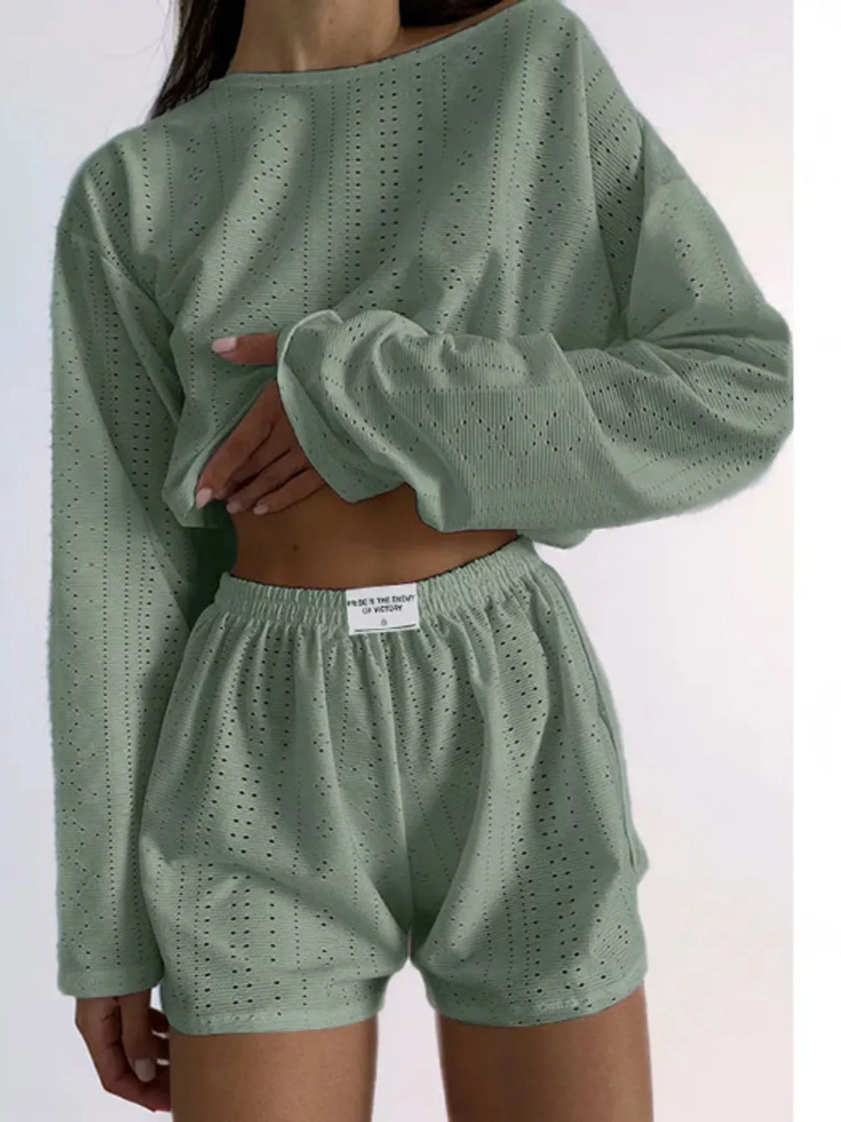 Eyelet Long Sleeve Top and Shorts Lounge Set in green