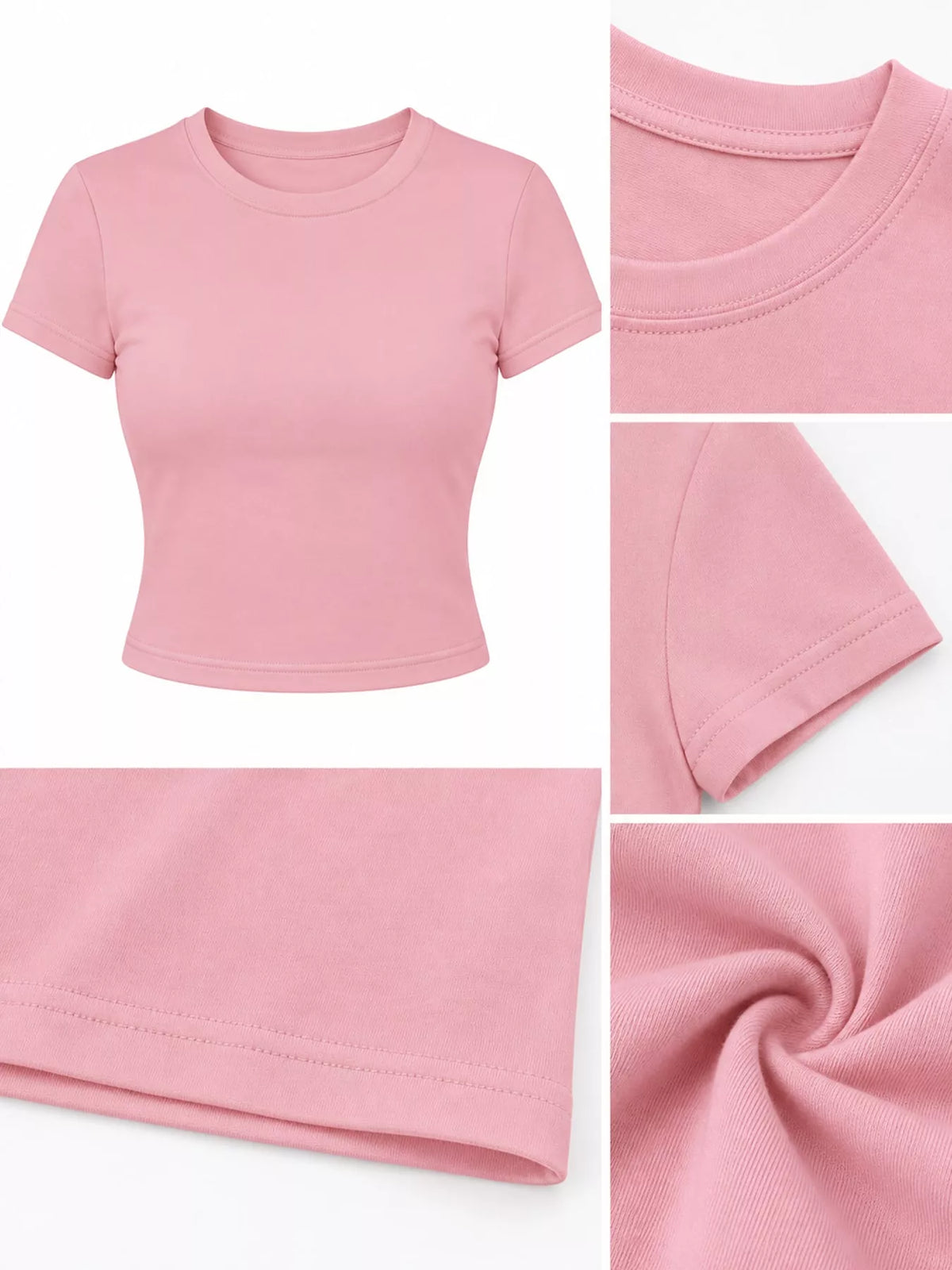Pink crew neck crop T-shirt, fabric and neckline detail collage