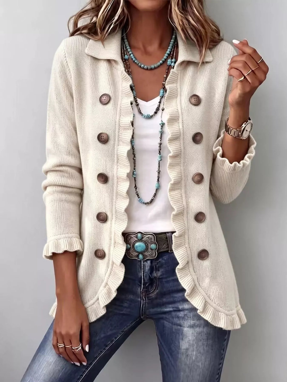 Apricot ruffle-trim button-front cardigan