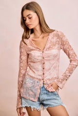 Trendsi BiBi Bow Pattern Shrried V-neck Mesh Cardigan Top -