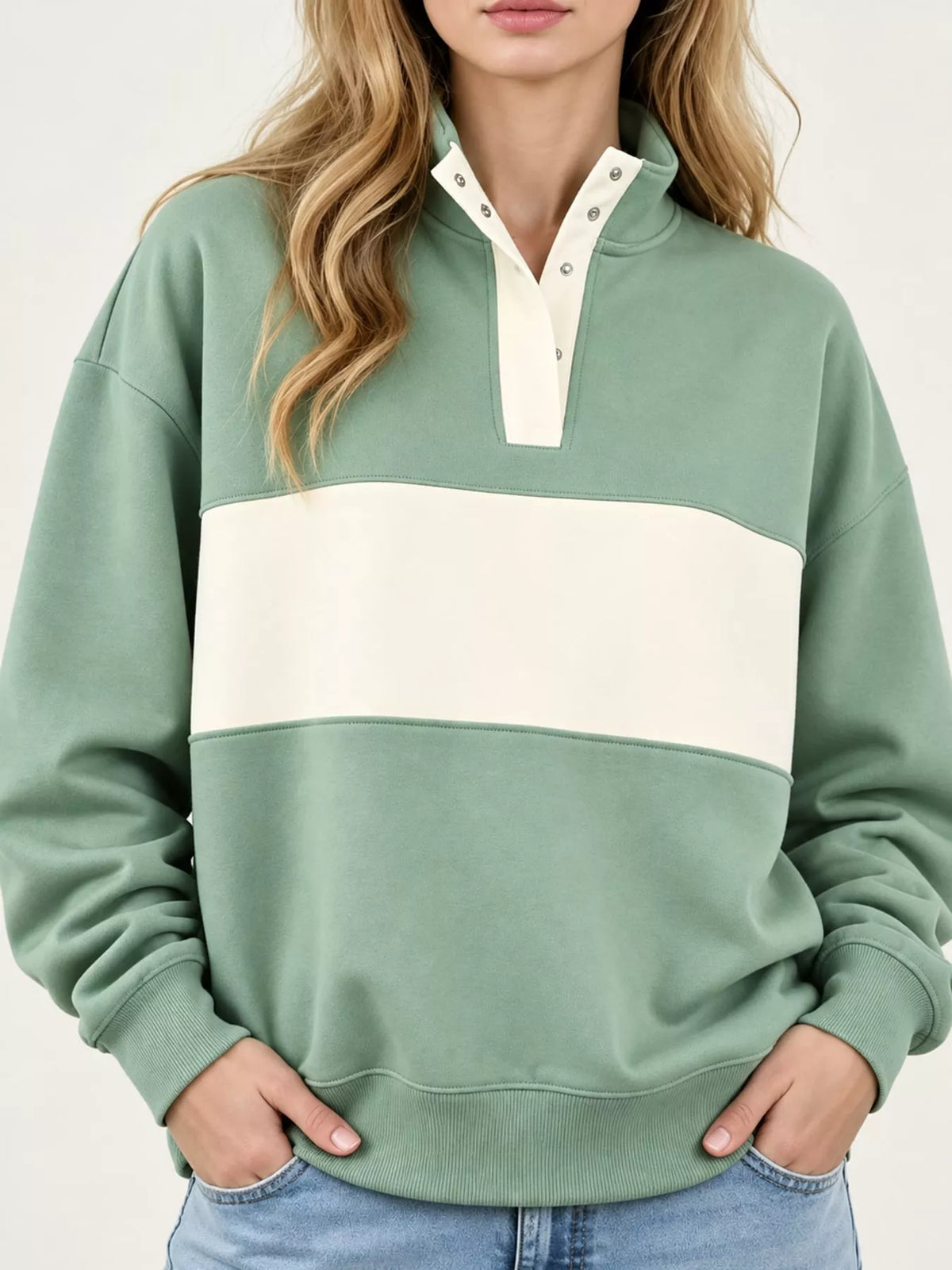 Green and cream color block snap-button sweatshirt