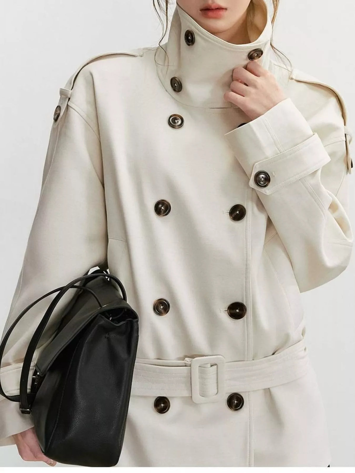 Cream double-breasted high-neck belted trench coat
