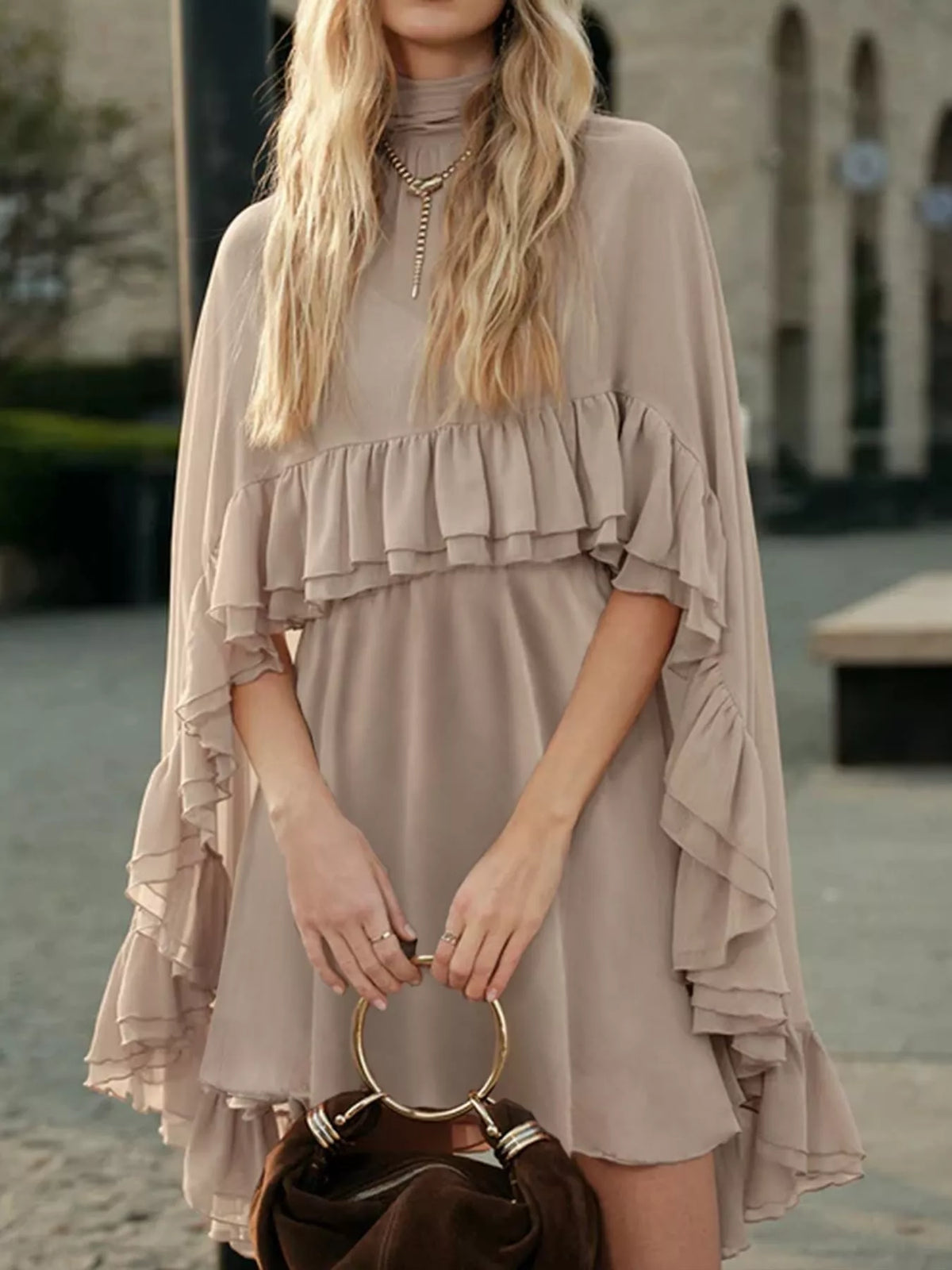 Beige ruffled cape and cami dress set, front view