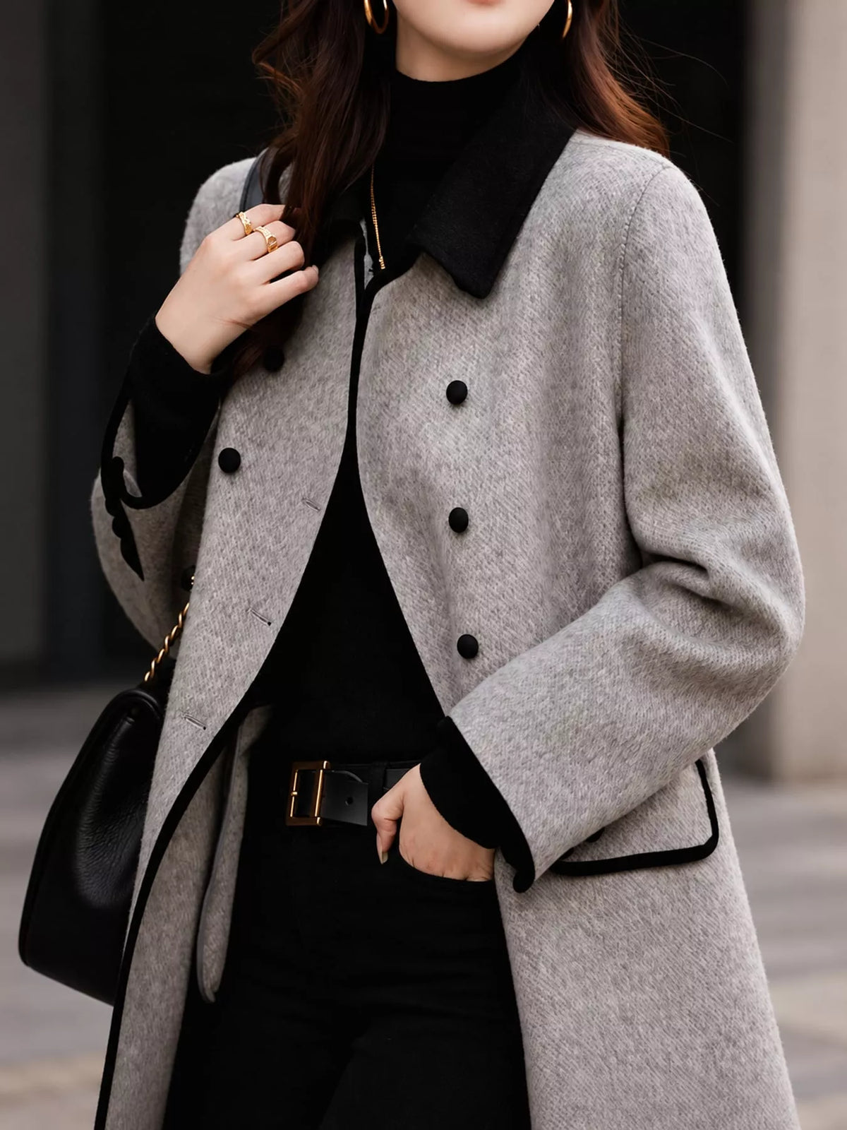 Gray double breasted coat with contrast trim, front view