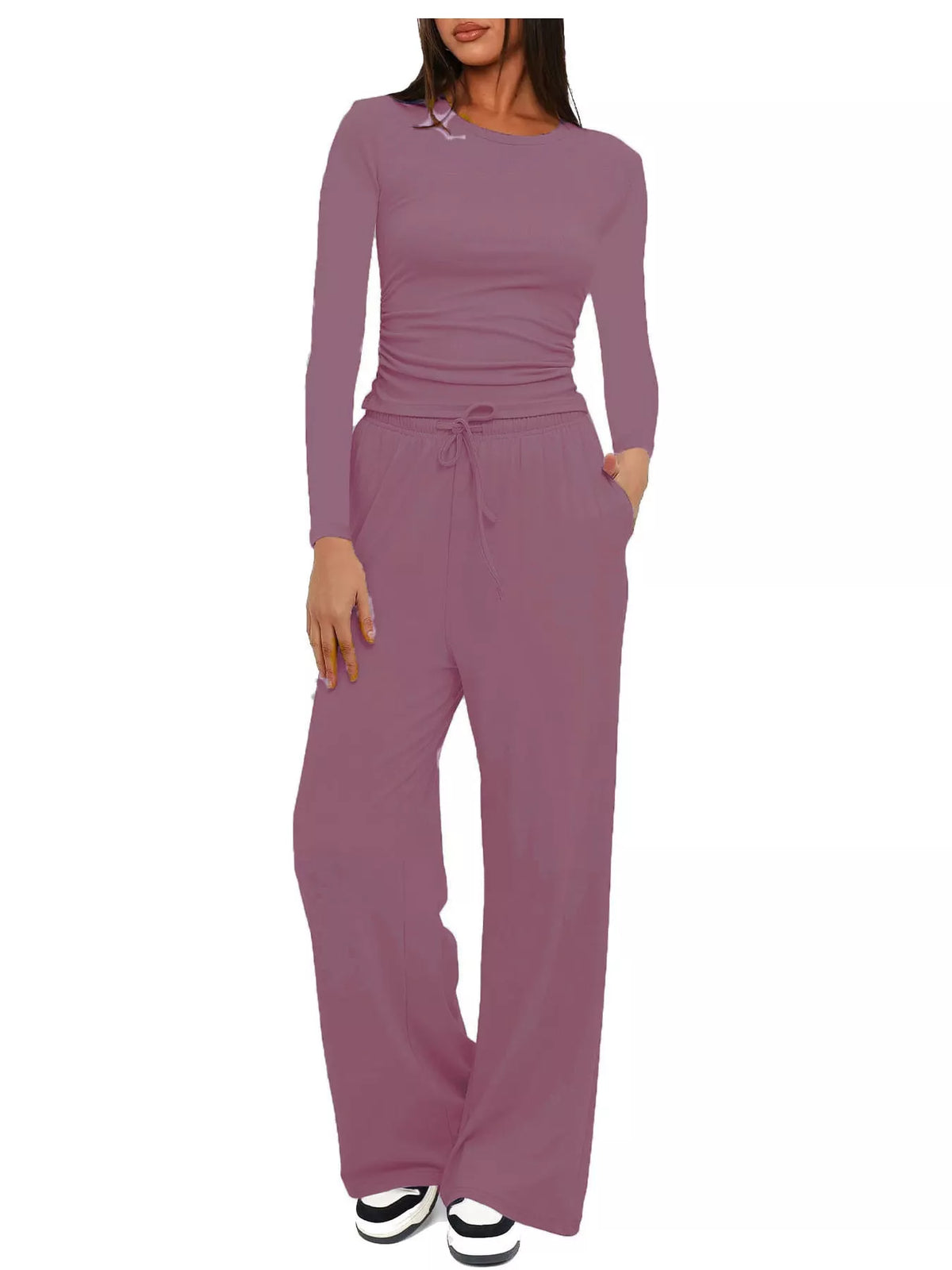 Long Sleeve Top and Wide-Leg Drawstring Pants Set — front view