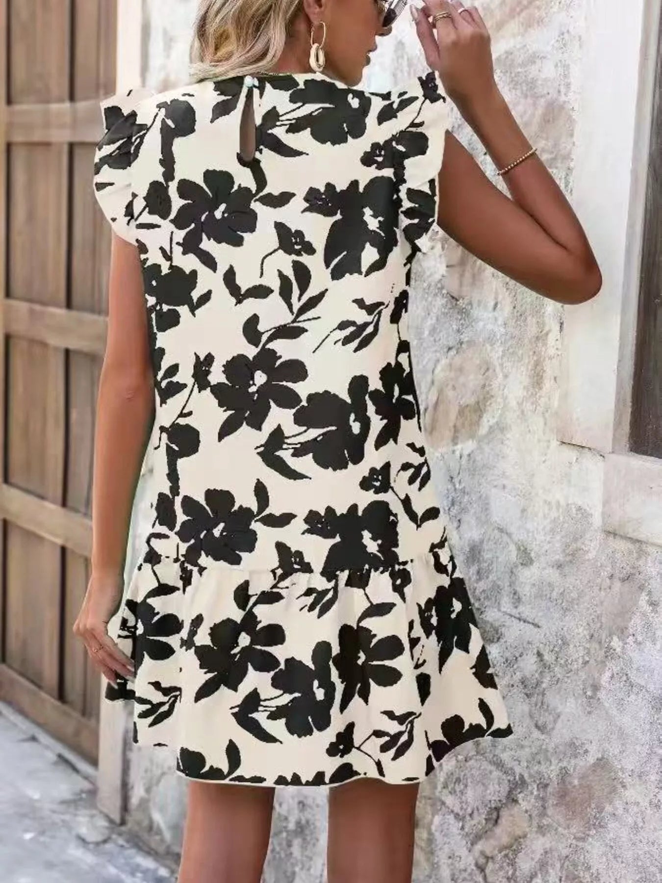 Trendsi Floral Print Ruffle Sleeve Mini Dress -