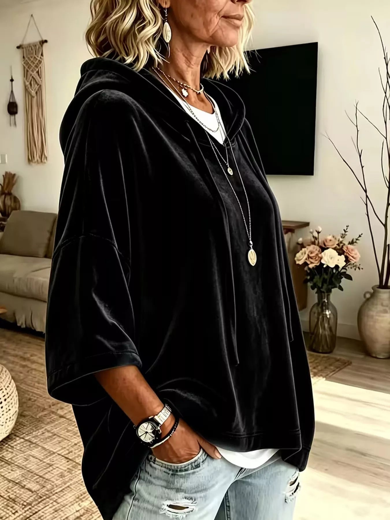 Trendsi Velvet Loose Fit Hoodie with Drawstring -