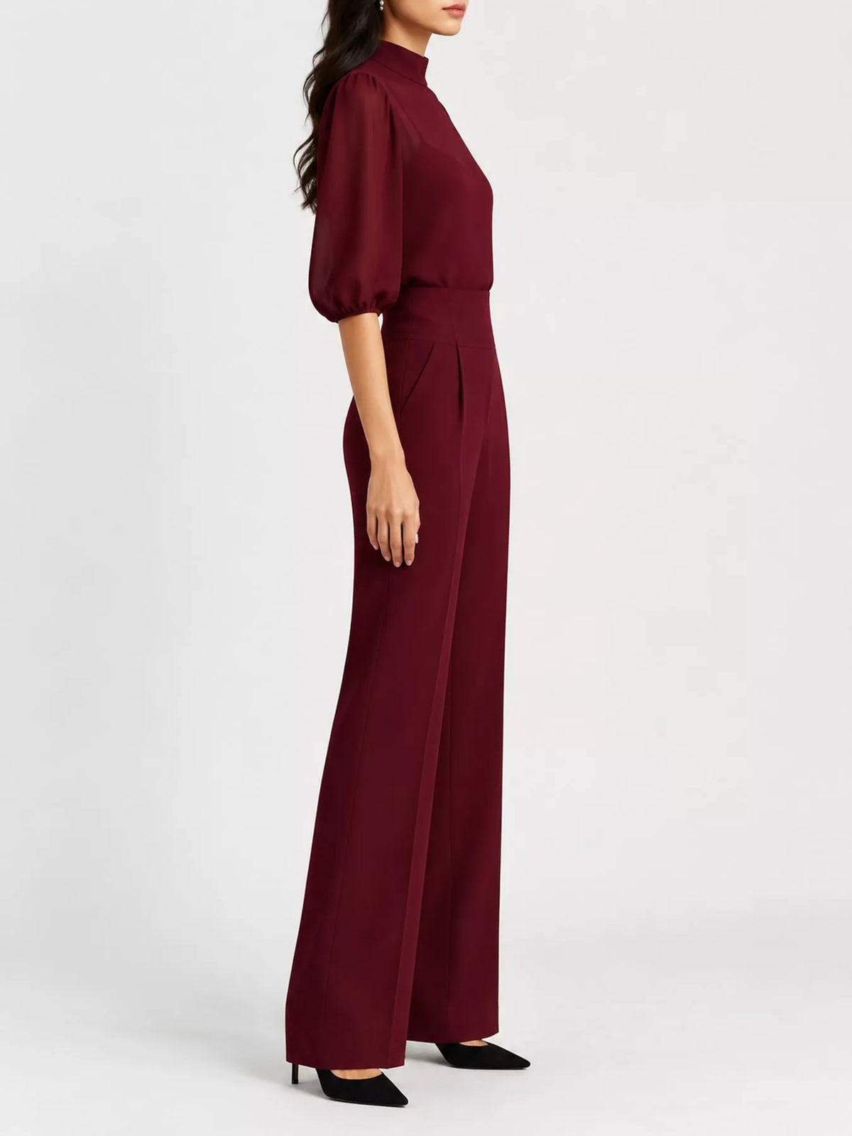 Women's Mock Neck Puff Sleeve Top and Wide Leg Pants Set in burgundy — side view