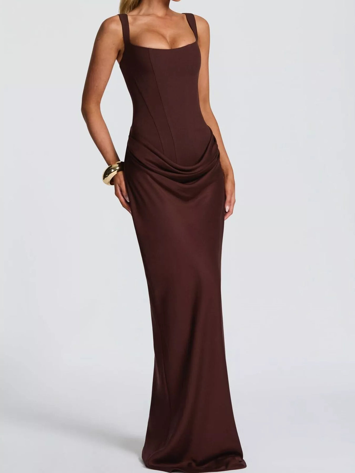 Square neck sleeveless maxi dress, front view on model