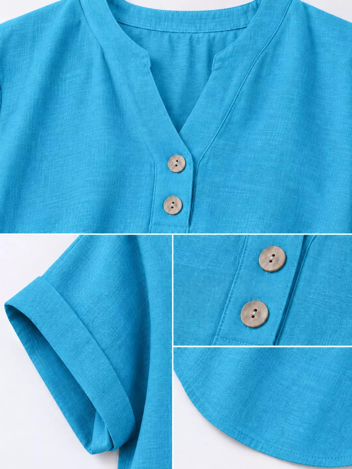 Turquoise button detail short sleeve blouse, detail view