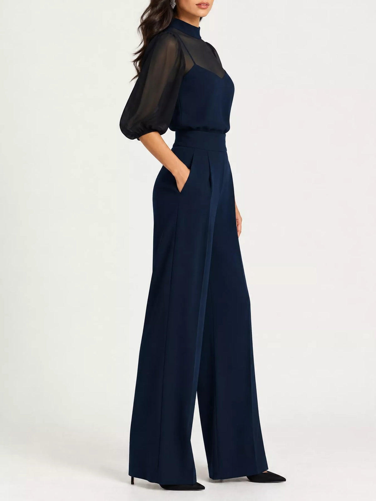 Women's Mock Neck Puff Sleeve Top and Wide Leg Pants Set in navy — side view