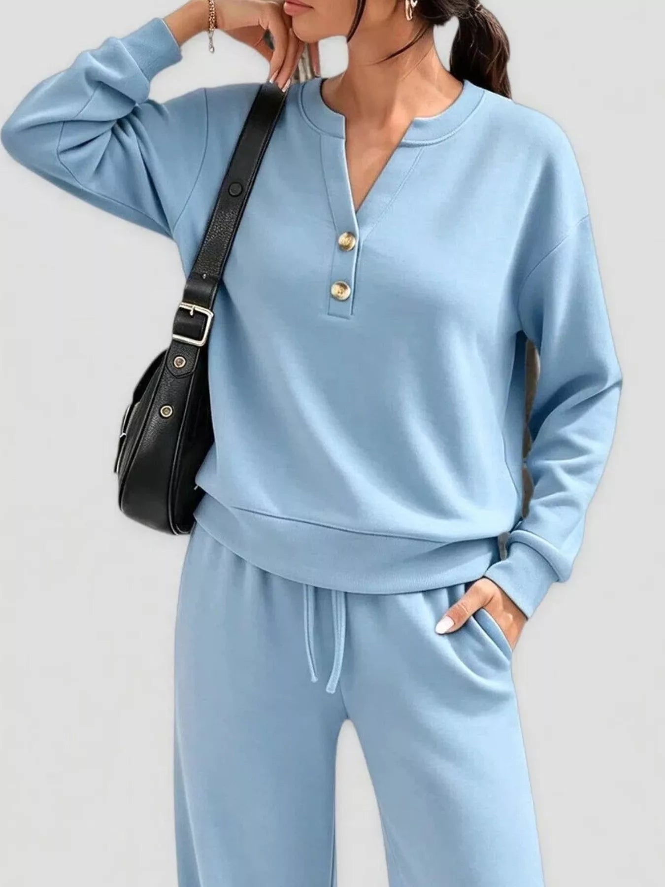 Button-detail dropped-shoulder top and pants set