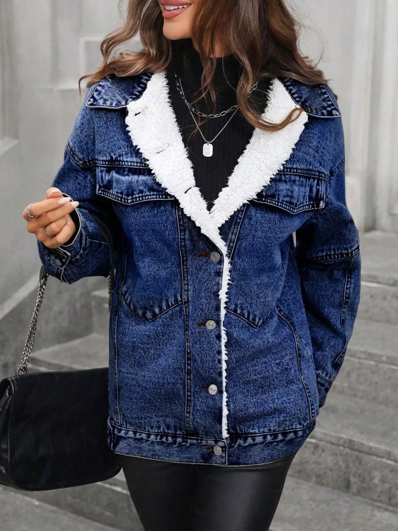Trendsi Sherpa-Lined Button Up Denim Jacket -