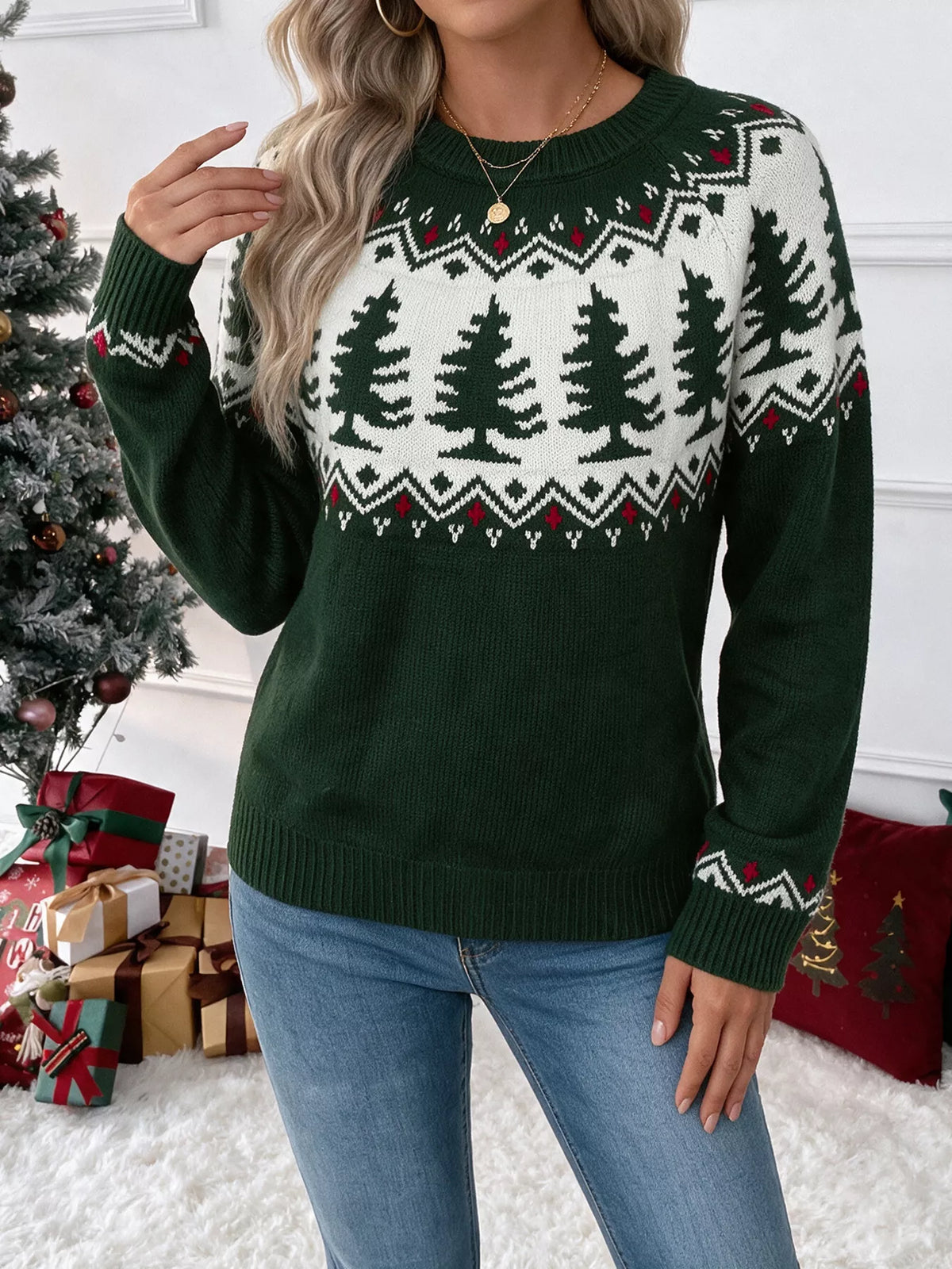 Dark green Christmas tree sweater, front view