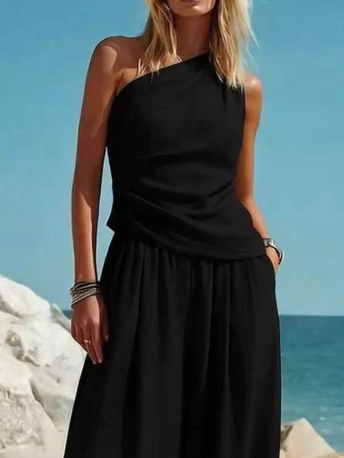Women's One-Shoulder Sleeveless Top & Harem Pants Set — alternate view 4