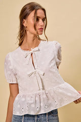 Trendsi SO ME Cotton Eyelet Front Tie Short Sleeves Blouse -