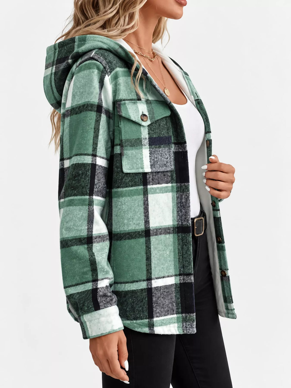 Green fleece-lined plaid button-up shacket, side view