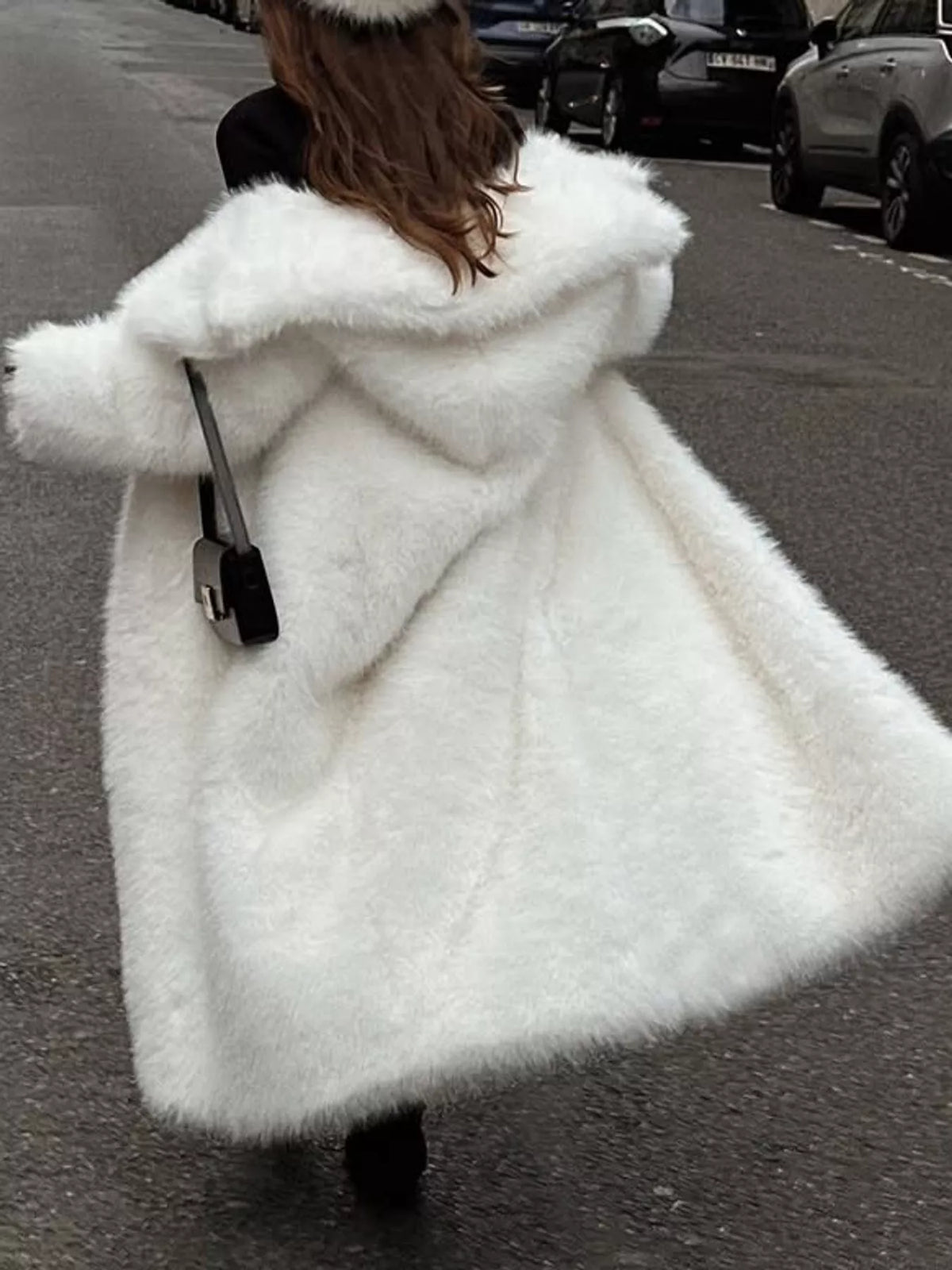 Faux Fur Open Front Longline Coat, back view in white