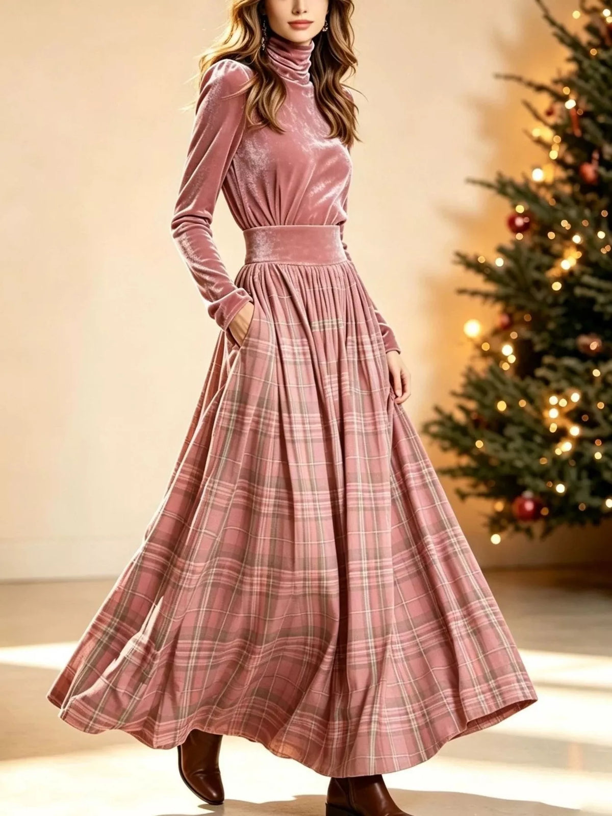 Pink velvet turtleneck top and plaid skirt set