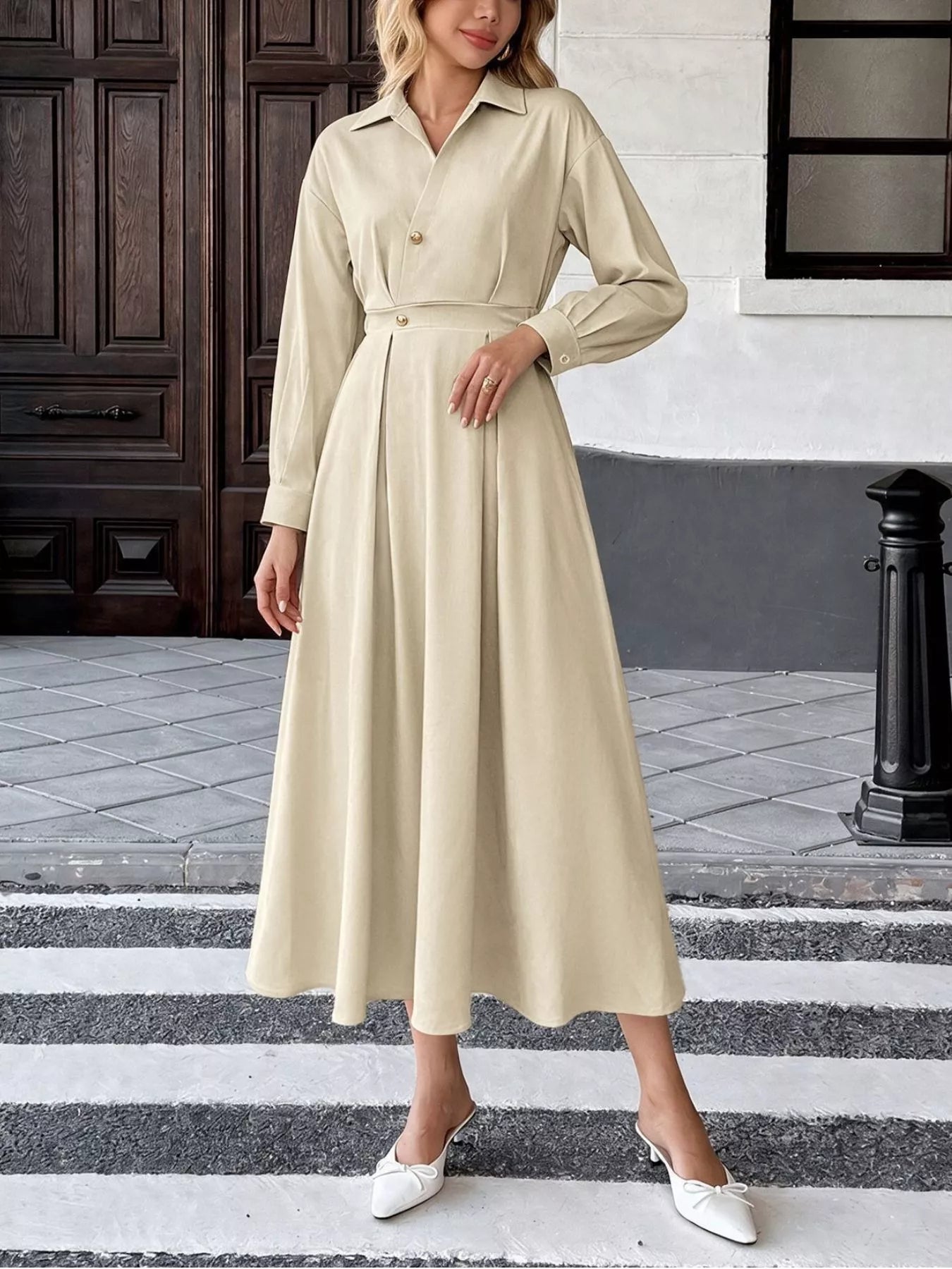 Trendsi Pleated Button Detail Long Sleeve Shirt Dress -