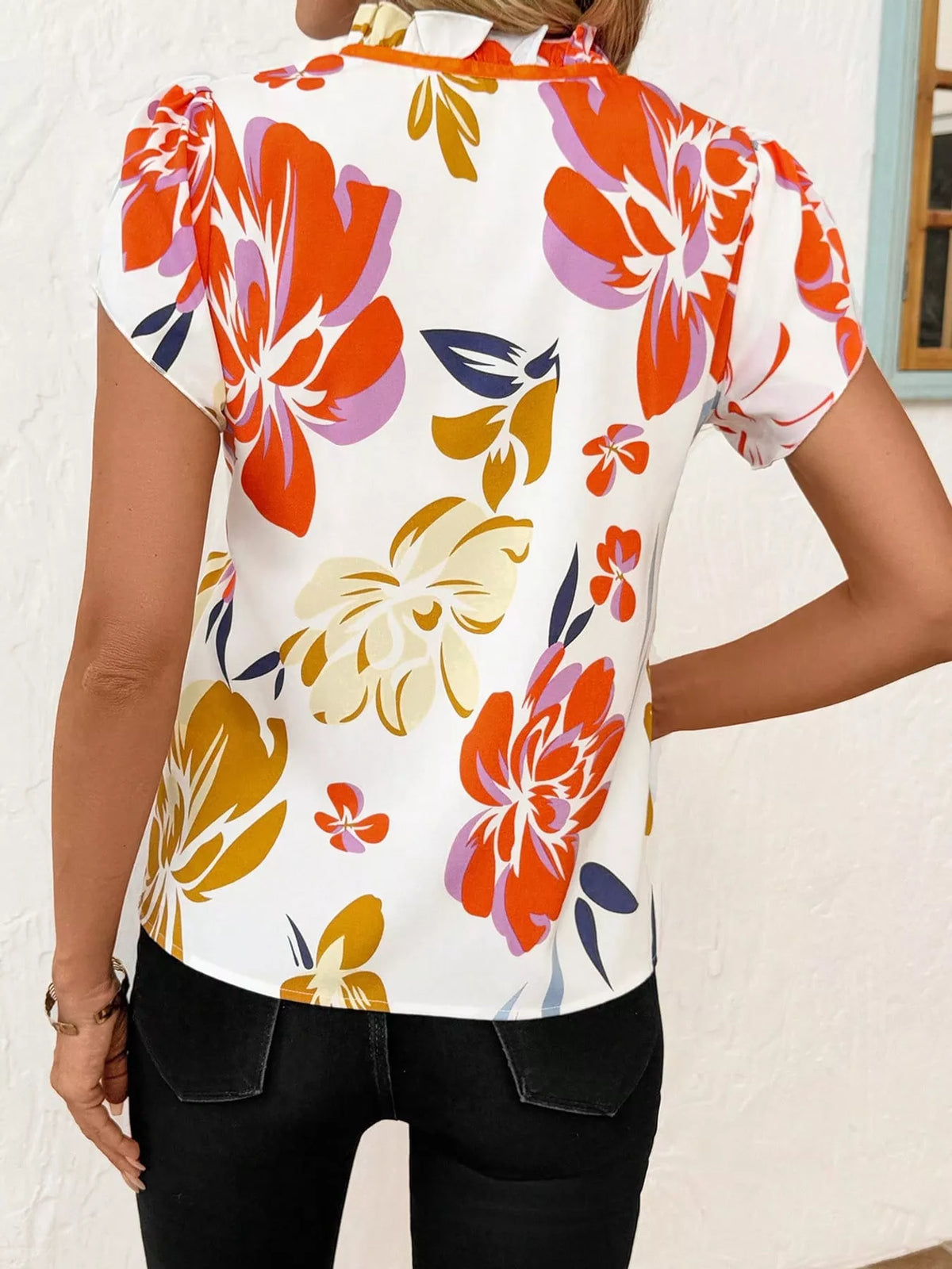 Contrast Trim Ruffle Sleeve Tie-Front Blouse in white with multicolor floral print
