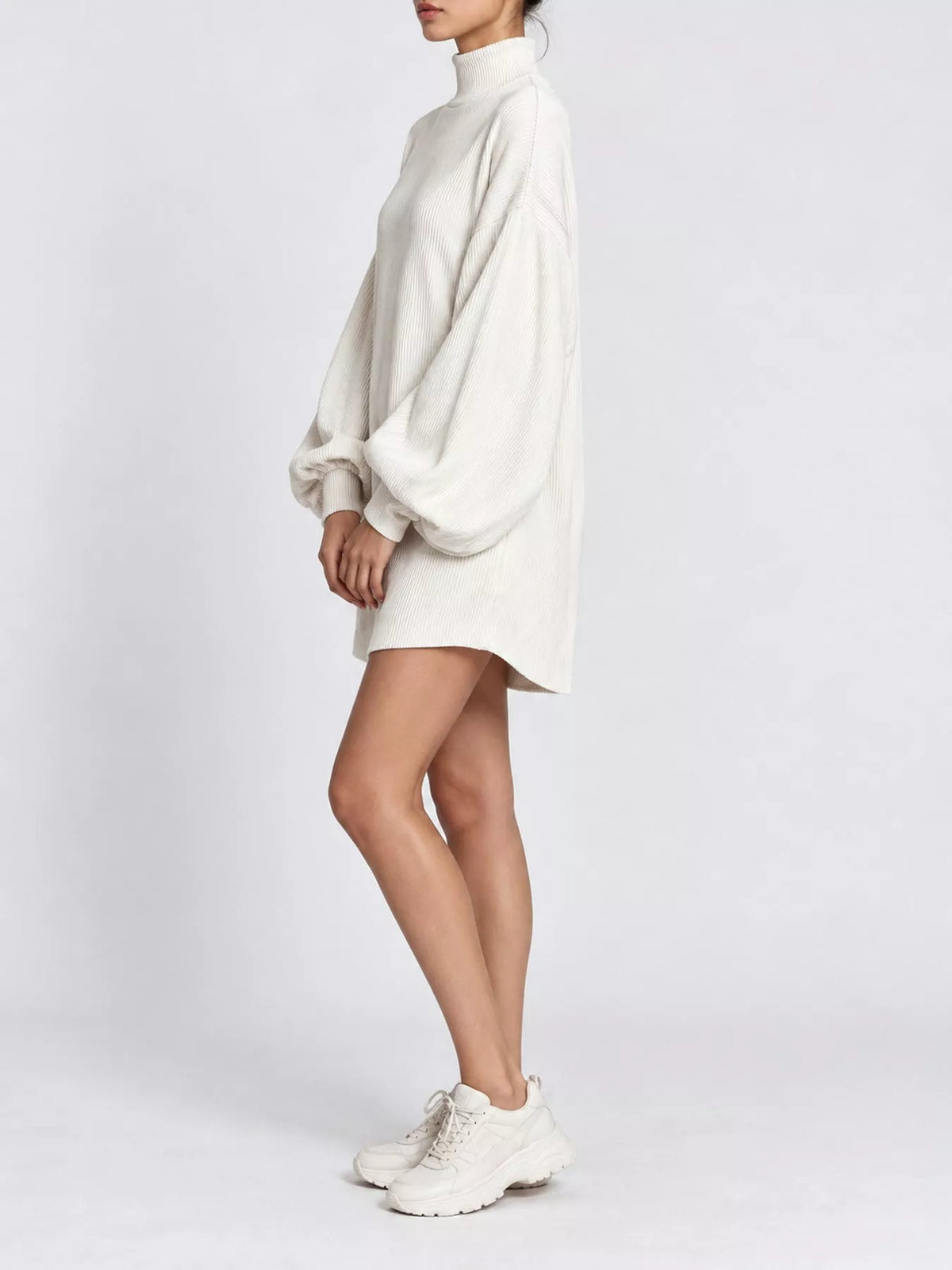 Corduroy Mock Neck Lantern Sleeve Mini Dress in cream, side view
