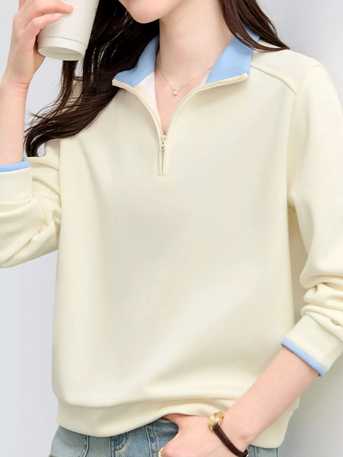 Quarter-Zip Sweatshirt with Contrast Collar, detail view in cream