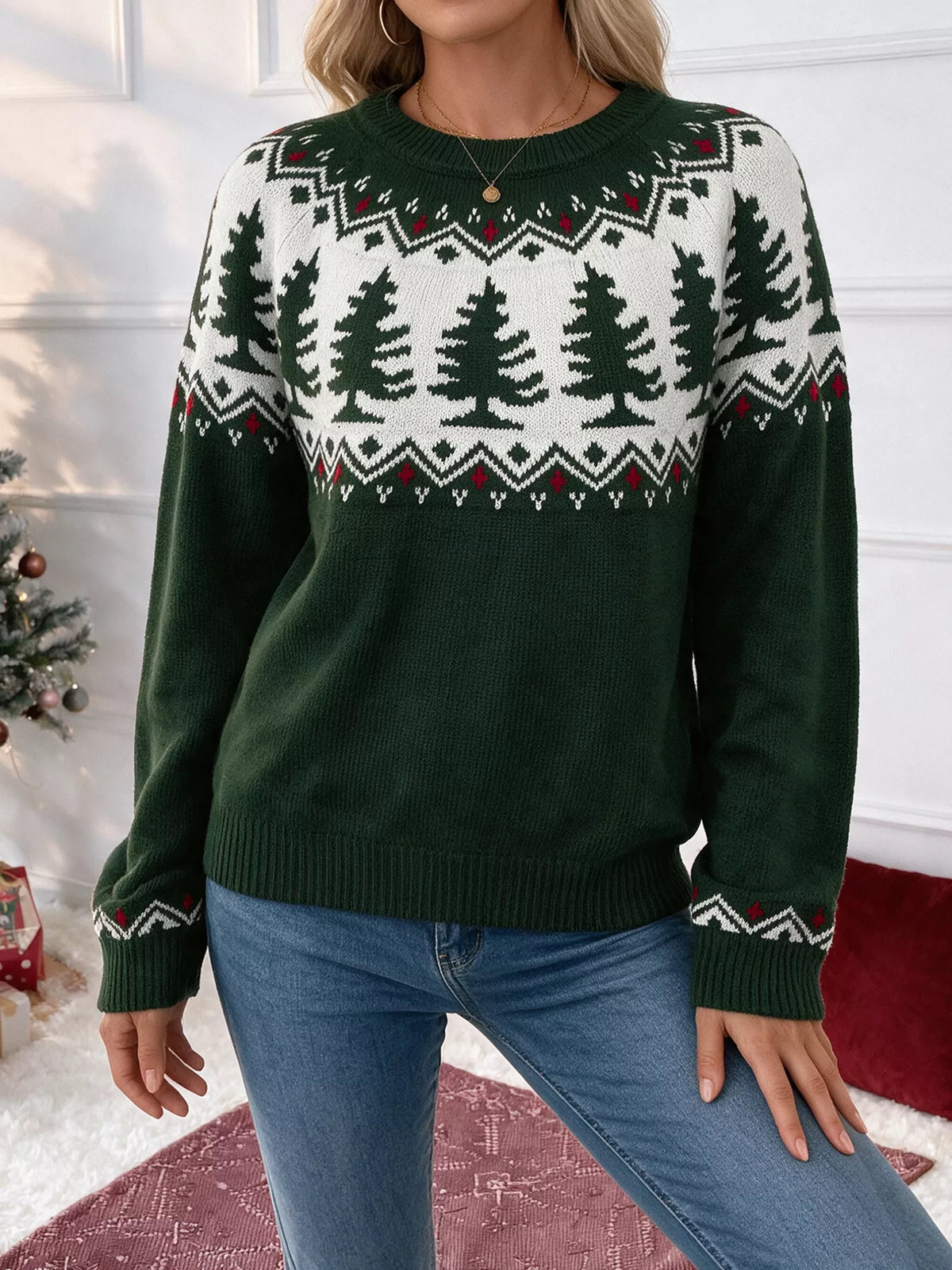 Dark green Christmas tree sweater, front view