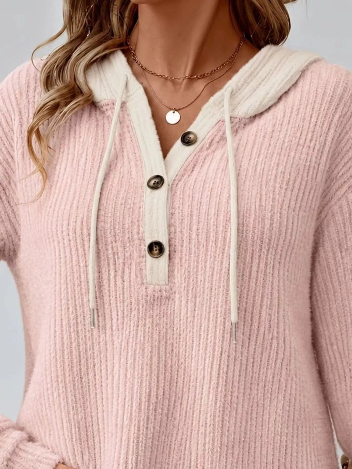 Trendsi Full Size Drawstring Button Detail Hooded Sweater Plus Size -