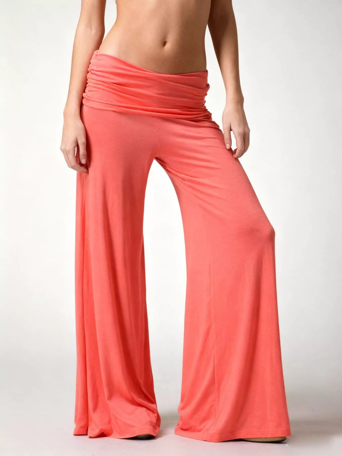 Coral fold-over wide-leg pants, front view with legs apart
