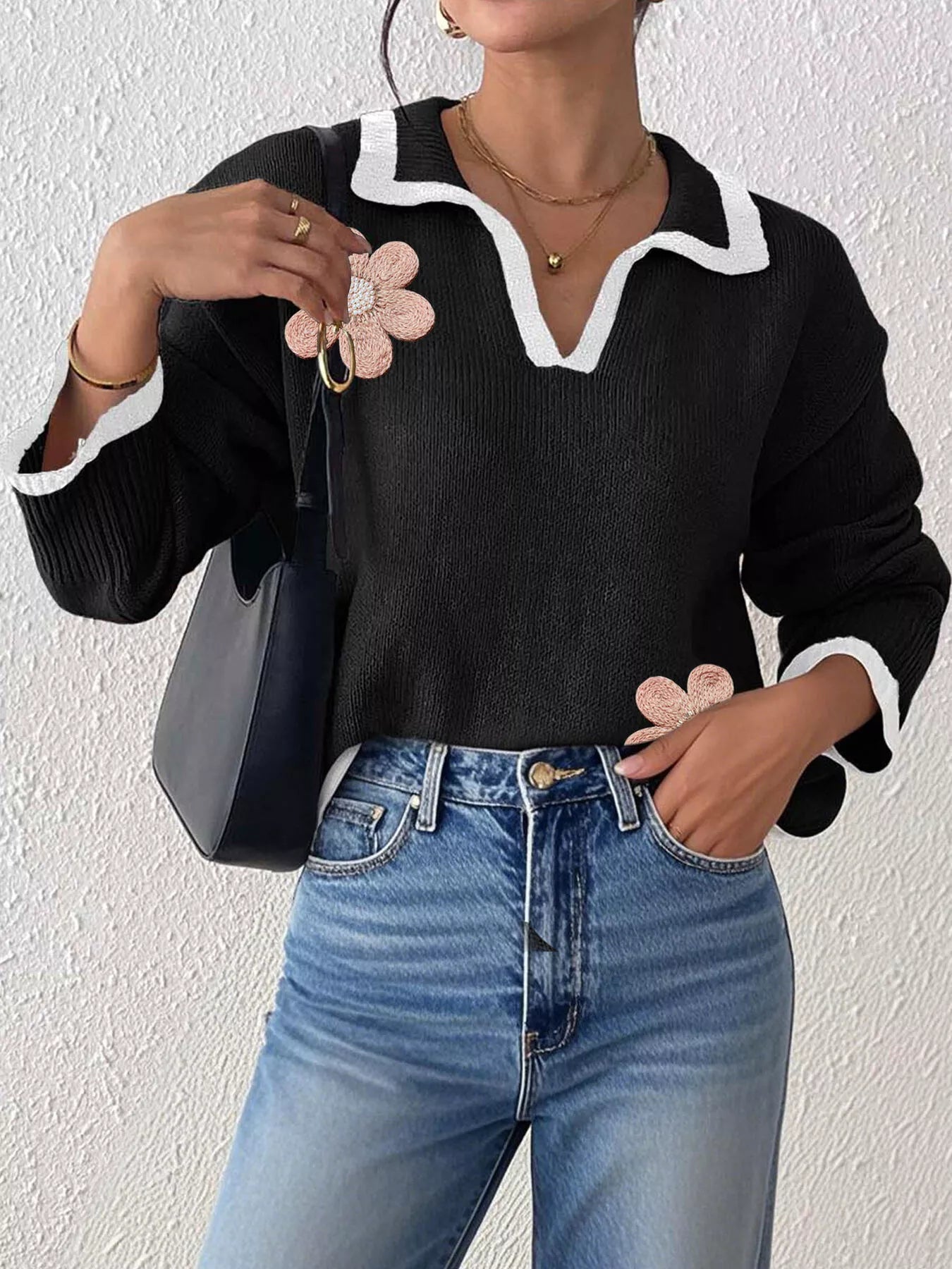 Flower contrast-trim dropped-shoulder sweater