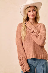 Trendsi BiBi Chunky Knit Sweater with Flower Detail Sleeves -