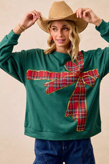 Trendsi BiBi Plaid Ribbon Bow Detail Christmas Fleece Pullover -