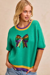 Trendsi BiBi Mardi Gras Sequin Ribbon Patched Sweater -