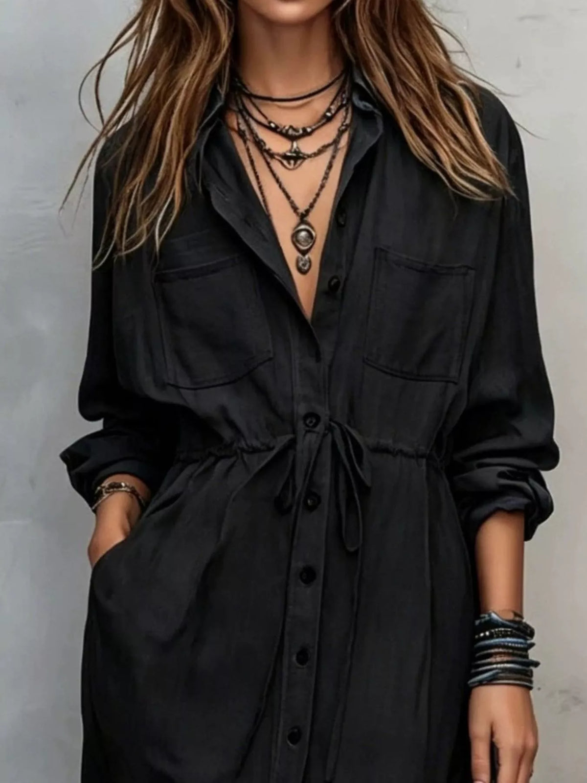 Black Button-Front Long Sleeve Maxi Shirt Dress button-front and drawstring-waist detail