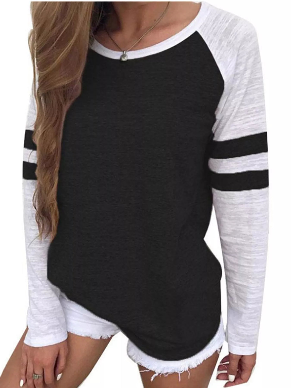 Black color-block raglan sleeve striped t-shirt
